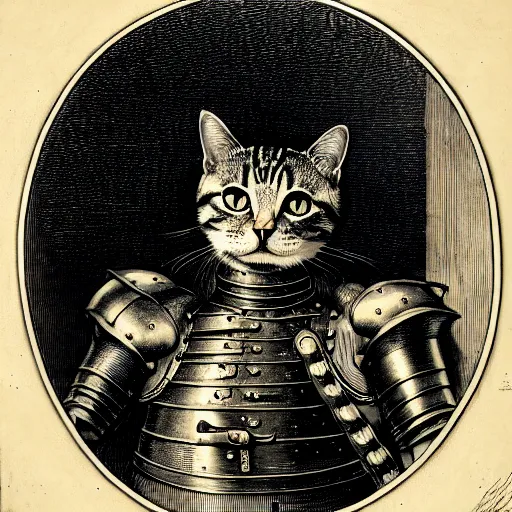 Image similar to engraving portrait of humanoid cat in medieval armoury by gustave dore. trending on deviant art, street art, chillwave, maximalist, full of color, glittering, 8 k, hd