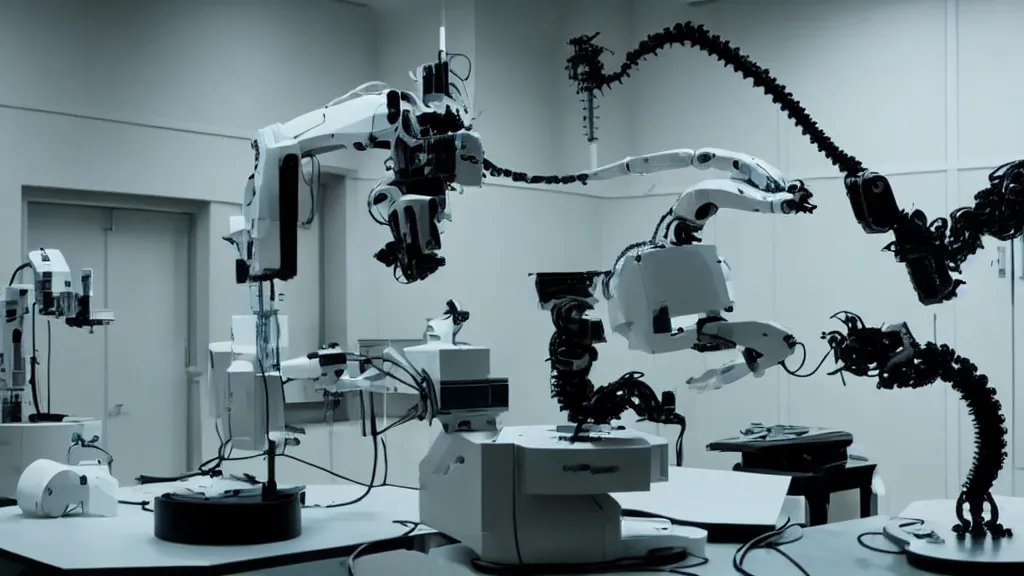 Image similar to a complex bifurcated robotic cnc surgical arm hybrid mri 3 d printer machine making black and white ceramic mutant forms in the laboratory inspection room, film still from the movie directed by denis villeneuve with art direction by salvador dali, wide lens