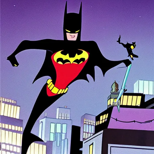 Image similar to batman the animated series, bruce timm, batman chasing catwoman on rooftop at night