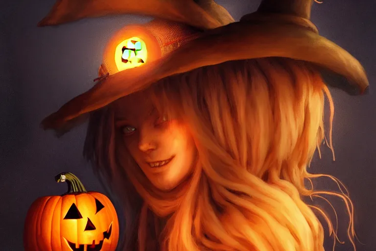 Image similar to portrait of a scarecrow with a jack - o - lantern head and a witch hat, halloween night, charlie bowater, artgerm, ilya kuvshinov, krenz cushart, ruan jia, realism, ultra detailed, 8 k resolution