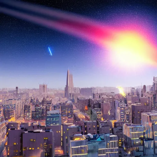 Prompt: a big meteor falling from the sky. city background, hyperrealistic, highly detailed, variable lighting, dramatic