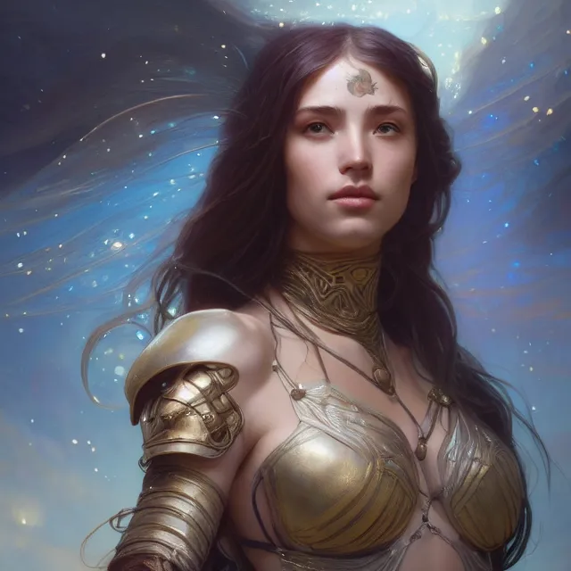 Image similar to close up portrait of a beautiful fantasy female warrior, shiny skin, glowing hair, subsurface scattering, artistic, magical glowing background with light rays, fantasy atmosphere. art by artgerm, greg rutkowski and alphonse mucha, highly detailed, intricate, lifelike. sci - fi, fantasy, magical, octane render,
