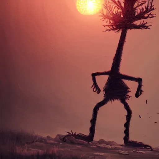 Image similar to a children's drawing of a stickman. intricate detailed illustration, fractal, cinematic lighting, wide angle, volumetric light scattering, sunset, 8k, artstation, concept art, octane render