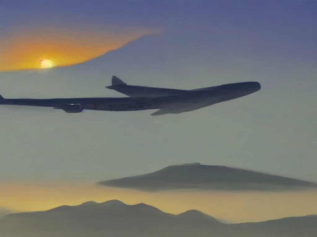 Prompt: single airbus airplane on runway at sunrise, mist. hills in the background. painting by moebius