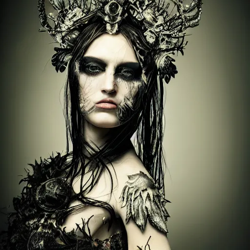 Image similar to a portrait of female model by stefan geselle and nekro borja, photorealistic, intricate details, hyper realistic, dark fantasy, ornate headpiece, dark beauty, photorealistic, canon r 3, photography, wide shot, photography, dark beauty