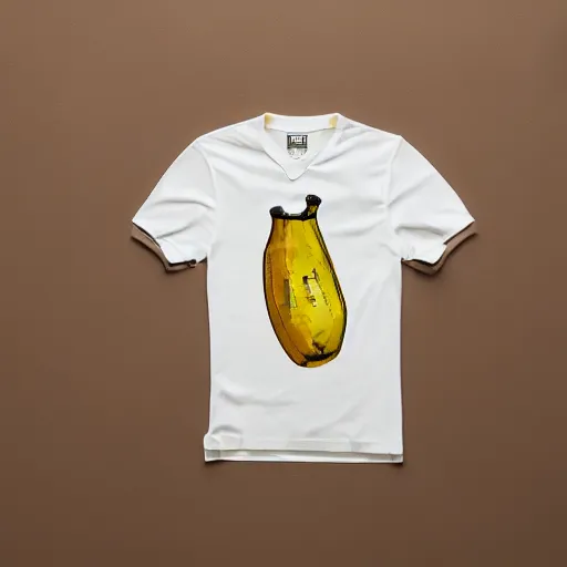 Prompt: banana made of coffee stains on a white polo shirt