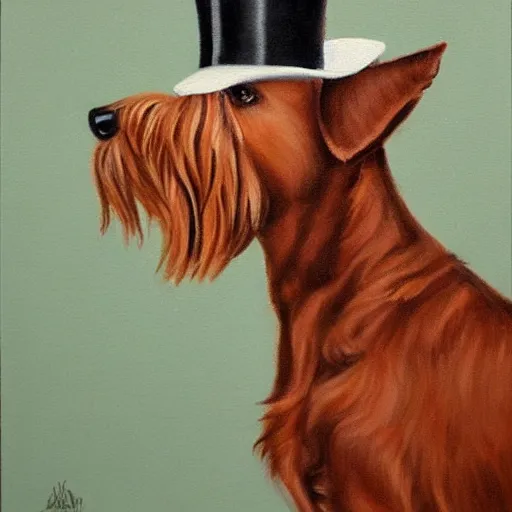 Prompt: beautiful painting of an Irish terrier wearing a monocle and a top hat, oil painting