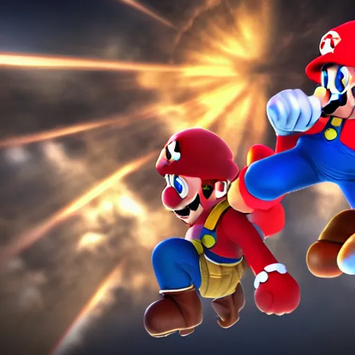 Prompt: captain falcon punching super mario in the face on final destination, digital, octane render, god rays, ultra detailed, 4 k resolution