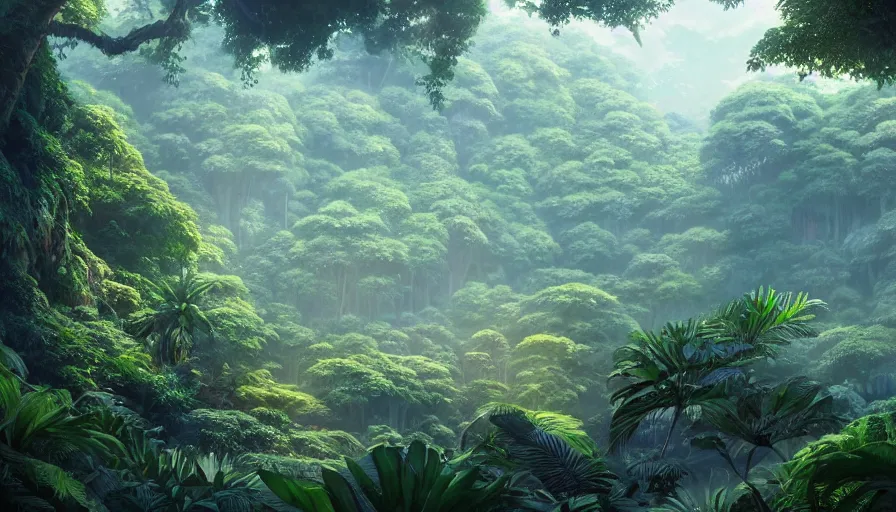 Image similar to A highly detailed matte painting of a beautiful tropical grove by Mokoto Shinkai, by Studio Ghibli, by Greg Rutkowski, by Artgerm, by beeple, volumetric lighting, octane render, cinematic angle, 4K resolution, trending on artstation