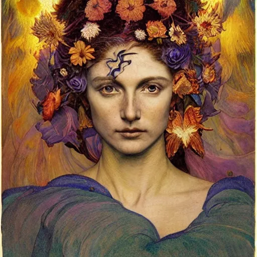 Image similar to queen of the moon with stars in her hair, by annie swynnerton and tino rodriguez and nicholas roerich and lucien freud and jean delville and donato giancola, dramatic lighting, floral tattoos, rich colors, smooth sharp focus, extremely detailed, adolf wolfli