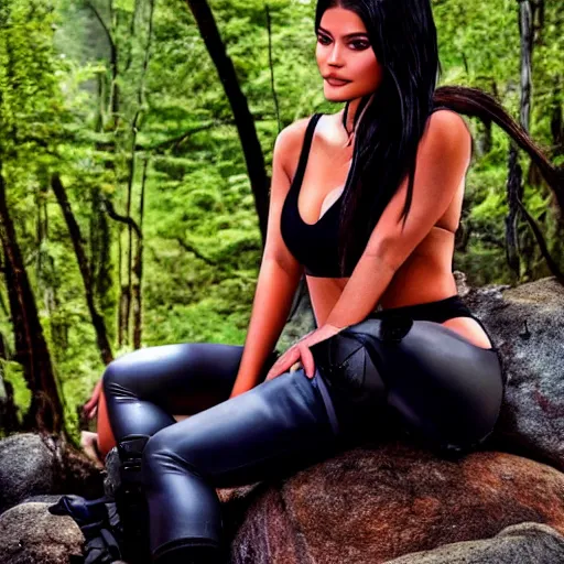 Prompt: kylie Jenner as lara croft, sitting on a rock, looking at her phone, forest backround, fog, ambient light, phone lighting on face,