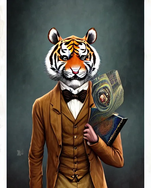 Image similar to anthropomorphic art of a detective tiger, victorian inspired clothing by artgerm, victo ngai, ryohei hase, artstation. fractal papersand books. highly detailed digital painting, smooth, global illumination, fantasy art by greg rutkowsky, karl spitzweg