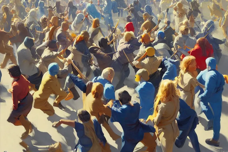 Prompt: greg manchess painting of a crowd throwing swords at a blond man in a blue suit, organic painting, sunny day, matte painting, bold shapes, hard edges, street art, trending on artstation, by huang guangjian, gil elvgren, ruan jia, randy vargas, greg rutkowski