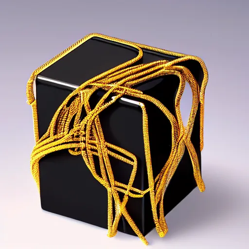 Prompt: a single black cube with shiny golden wire ontop