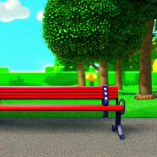 Image similar to 3 d photo of super mario, sitting on a bench with a park behind him, bokeh, shader, anime art style, highly detailed, cel - shaded, colorful, animated, trending