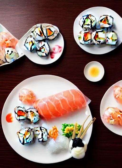 Image similar to clear photograph of cute cats eating sushi from sushi plates