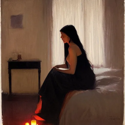 Prompt: girl with long black hair, in backless red dress, backview, sitting on edge of bed, in a candle lit room, by jeremy lipking, tim rees, joseph todorovitch
