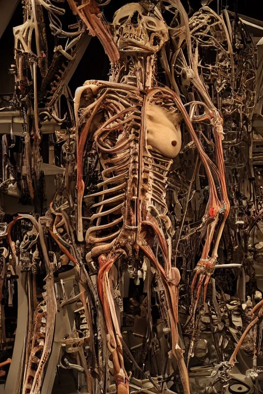 Image similar to inside a museum, a room where anatomical torso body parts are piece of arts by Rob Bottin at night biomechanical, filth and grim, wires and strings, very detailed, ultra realistic photography, grainy image