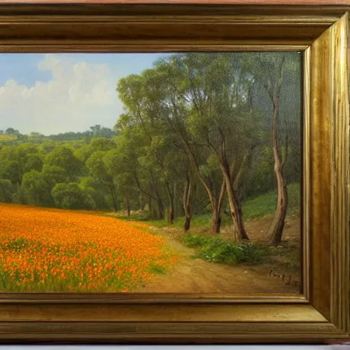 Prompt: a painting of a dirt road surrounded by oak trees and eucalyptus trees and california golden poppies, woodland hill in the distance. an oil painting by Peter Mohrbach and Mark Keathley, featured on deviantart, australian tonalism, pre-raphaelite, impressionism, detailed painting