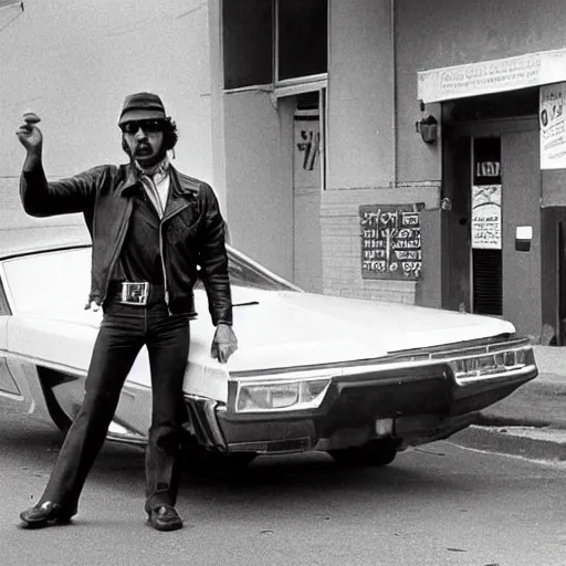 Image similar to detective in leather jacket next to car, pointing a pistol, in 1970s Los Angeles street, photograph