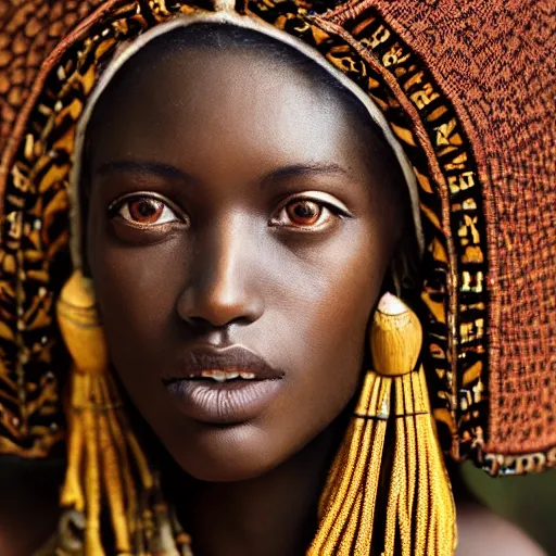 Image similar to vintage portrait of a stunningly beautiful west african tribal female, depth of field, zeiss lens, detailed, symmetrical, centered, fashion photoshoot, by edward s curtis, Annie Leibovitz and Steve McCurry, David Lazar, Jimmy Nelsson, Breathtaking, 8k resolution, extremely detailed, beautiful, establishing shot, artistic, hyperrealistic, beautiful face, octane render