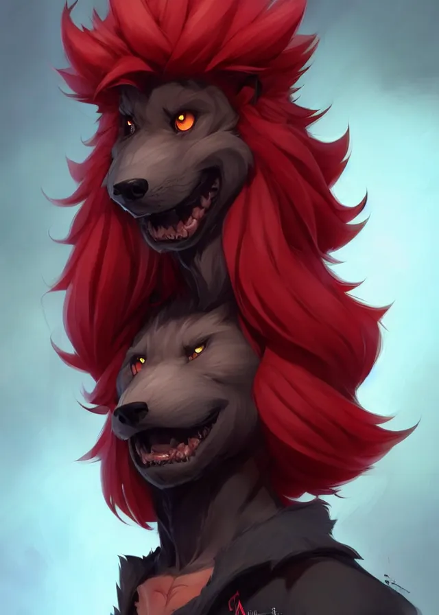 Image similar to character concept art of a black anthropomorphic male furry wolf long red hair | | cute - fine - face, pretty face, key visual, realistic shaded perfect face, fine details by stanley artgerm lau, wlop, rossdraws, james jean, andrei riabovitchev, marc simonetti, and sakimichan, trending on artstation