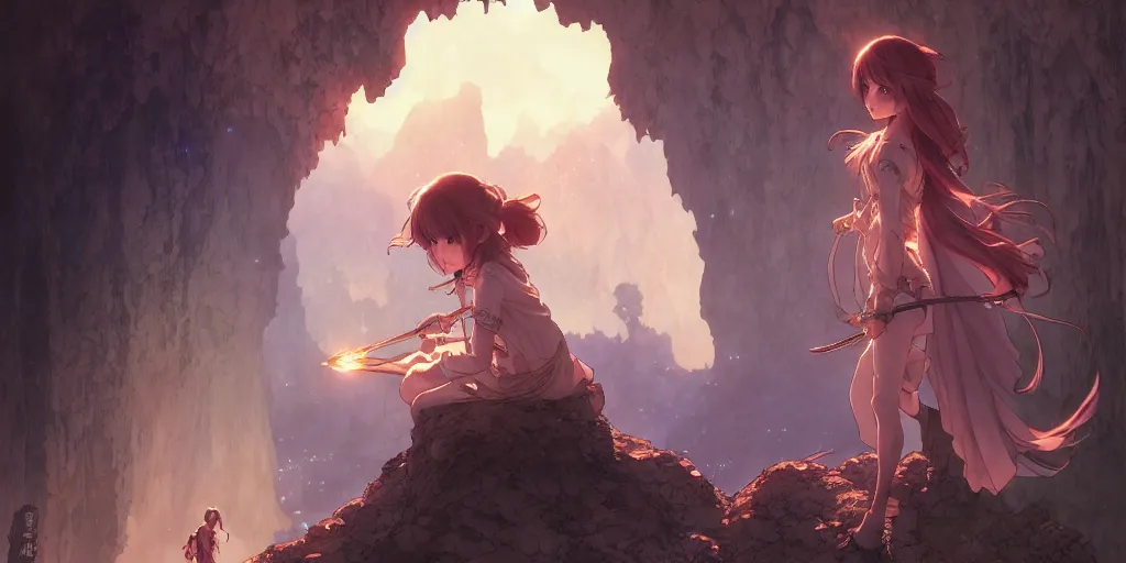 Prompt: the girl and the cave. anime, fantasy, smooth. torches, dark. by hayao miyazaki and rossdraws and artgerm and chie yoshii and detmold and greg rutkowski and alphonse mucha. artstation. high quality, stunning, intricate detailed environment. 8 k