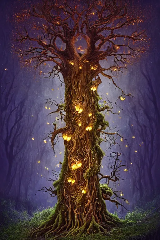 Image similar to a beautiful digital illustration painting of a detailed gothic fantasy fireflies and roots, fantasy tree with heart carved into the bark by benoit b. mandelbrot, steven belledin, martin johnson heade, lee madgwick, caspar david friedrich, and david rios ferreira. 8 k resolution trending on artstation concept art digital illustration