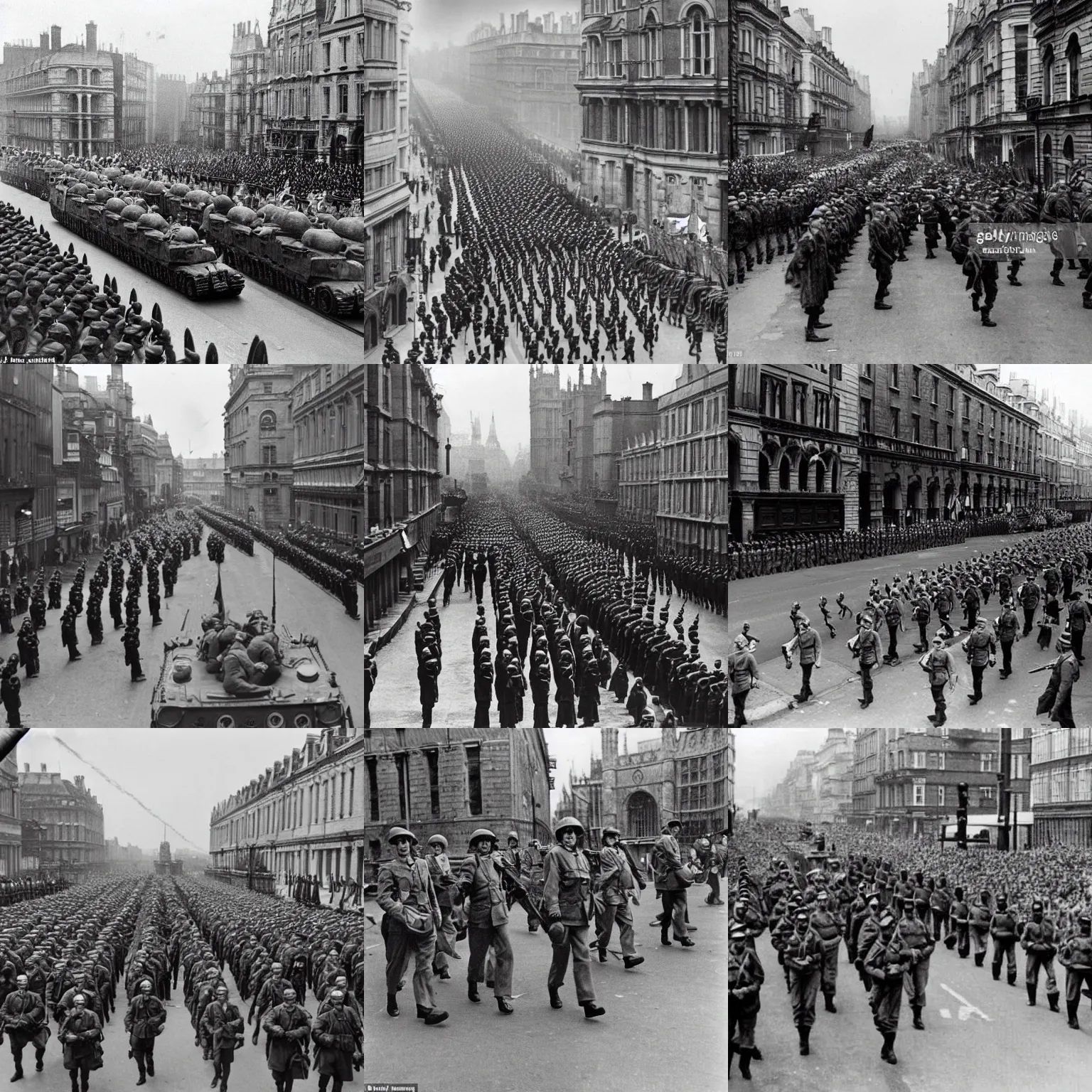 Prompt: military parade through a liberated london, 1 9 4 5