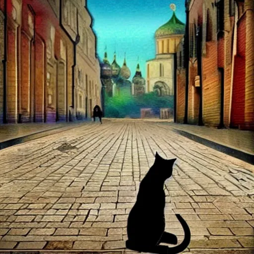 Image similar to orthodox cat walks through the streets of moscow in the style of digital art, realism