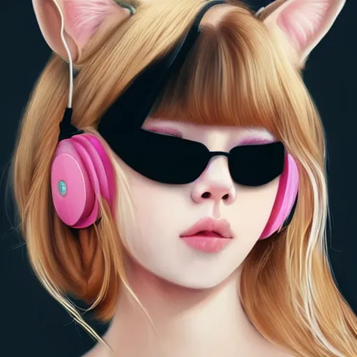 Image similar to realistic beautiful gorgeous natural cute Blackpink Lalisa Manoban blonde hair cute fur blonde cat ears, wearing camisole, wearing headphones, wearing black leather choker artwork drawn full HD 4K highest quality in artstyle by professional artists WLOP, Taejune Kim, Guweiz on Artstation Pixiv