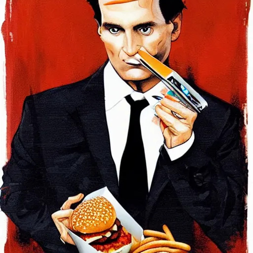 Prompt: patrick bateman eating mcdonalds while holding a pistol