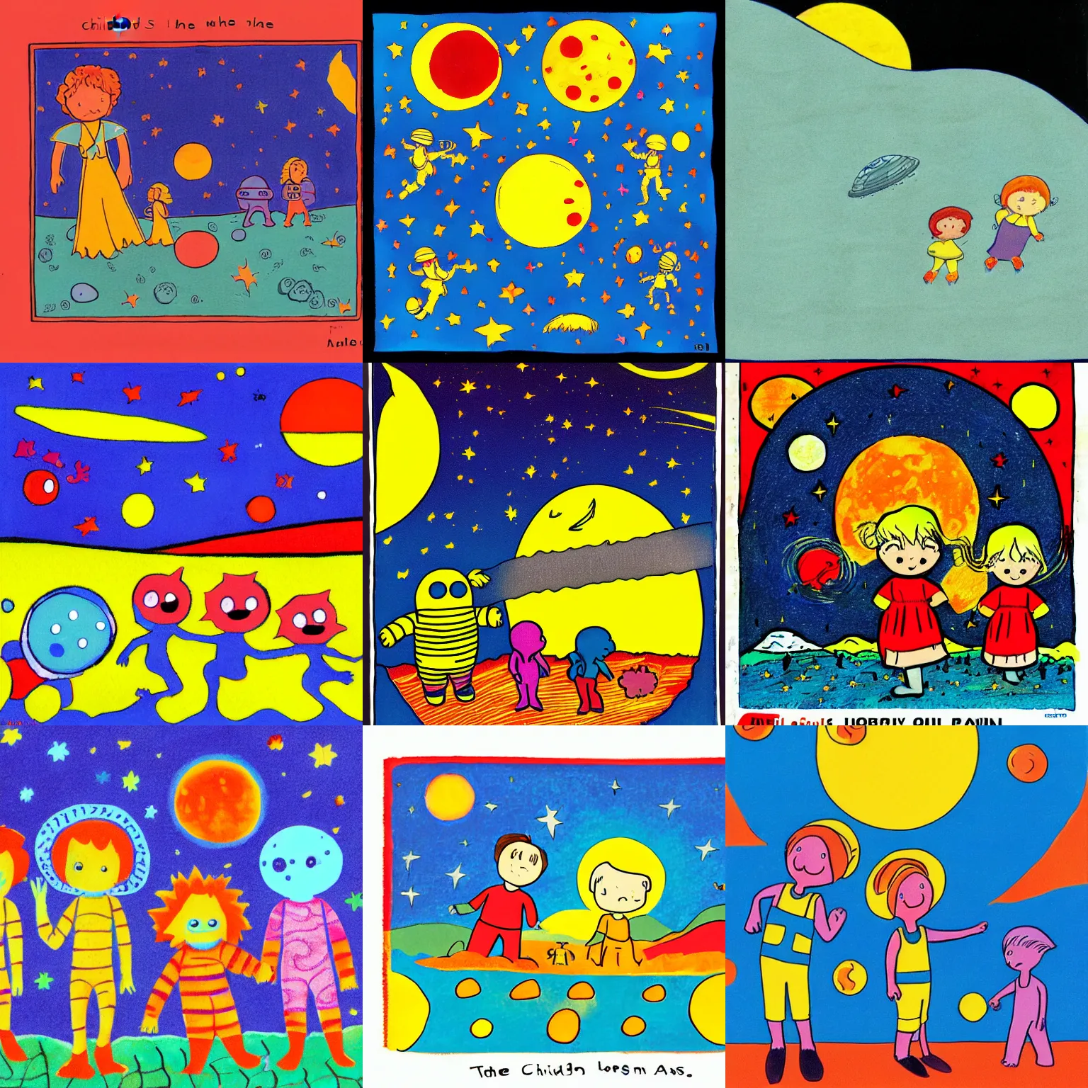 Prompt: The children and the aliens play until the sunset on the lunar surface , Illustration for small Children in the style of Dorothy Brook, , primary color scheme