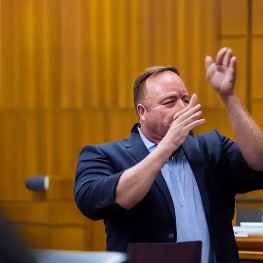 Prompt: Alex Jones desperately reaching for his out of reach phone in the courtroom, ((EOS 5DS R, ISO100, f/8, 1/125, 84mm, RAW, sharpen, unblur))