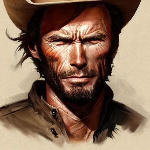 Image similar to rugged male cowboy, clint eastwood, headshot, D&D, painted fantasy character portrait, highly detailed, digital painting, artstation, concept art, sharp focus, illustration, art by artgerm and greg rutkowski and alphonse mucha