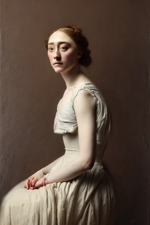 Prompt: portrait en buste Saoirse Ronan 1800s dress by Roberto Ferri, by Jeremy Lipking, Realism, abundant detail, muted tones