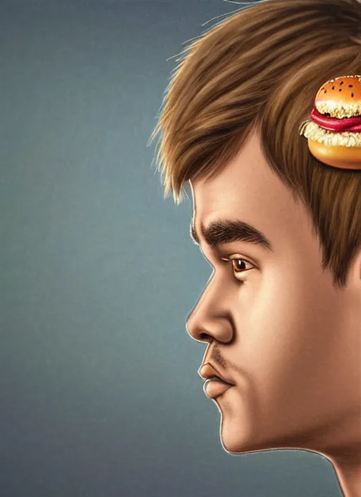 Prompt: highly detailed closeup, face profile portrait of justin bieber as a tin toy scientist wearing a tinfoil hat eating a hamburger, unreal engine, nicoletta ceccoli, mark ryden, earl norem, lostfish, global illumination, detailed and intricate environment