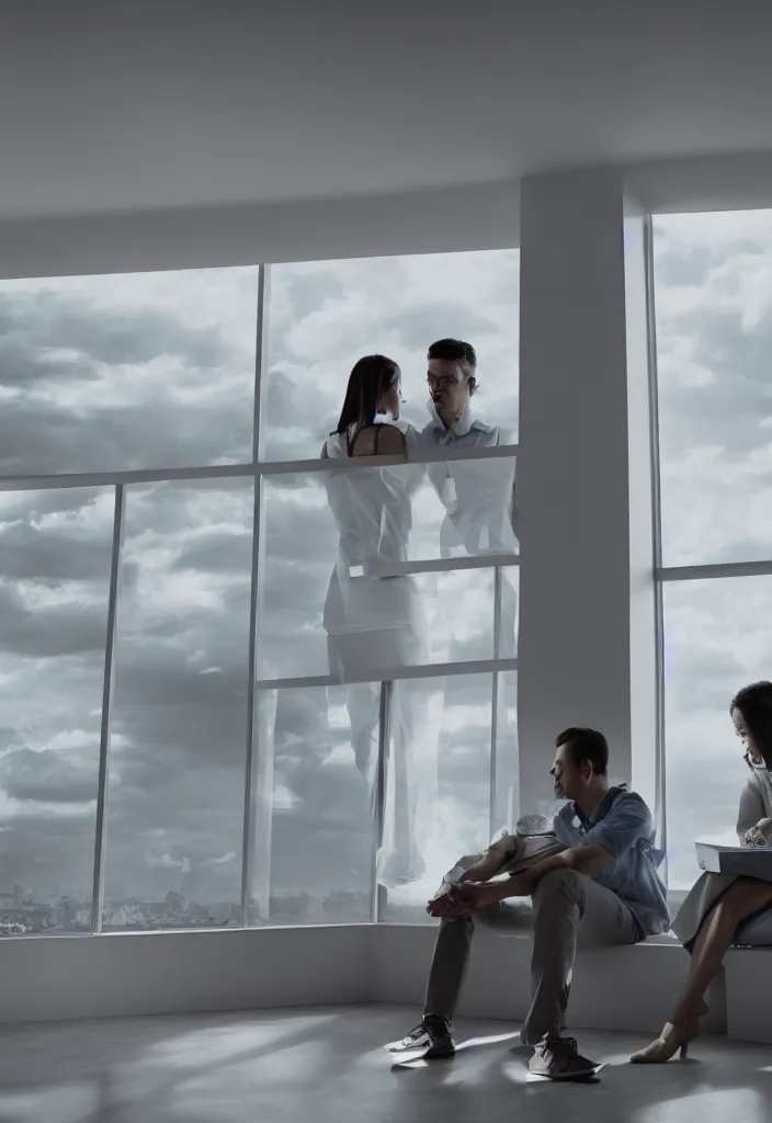 Prompt: sad couple alone looking to the window in a futuristic home office, highly detailed, photo realistic