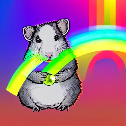 Image similar to cyberpunk hamster holding rainbow gem crystal, neon lights, light reflection, 8 k, hd