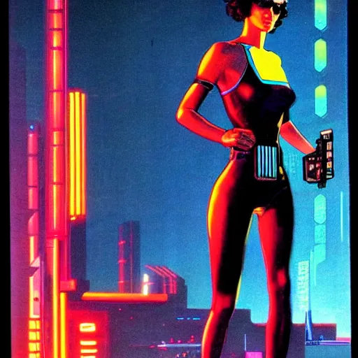 Image similar to cable plugged into cyberdeck, right temple, cyberpunk woman, computer, 1 9 7 9 omni magazine cover, style by vincent di fate, cyberpunk 2 0 2 0