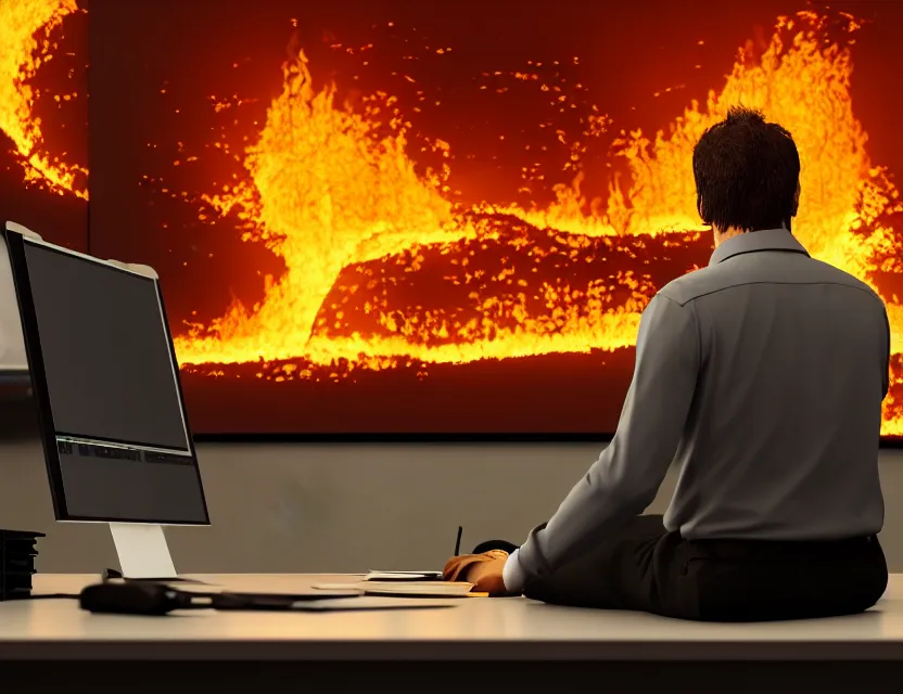 Image similar to a man sit at a workstation in a big office and looks at the burning fires, close up, featured in artstation, intricate, ultra detailed, unreal engine, concept art, wide - angle lens, sharp focus, illustration, 8 k