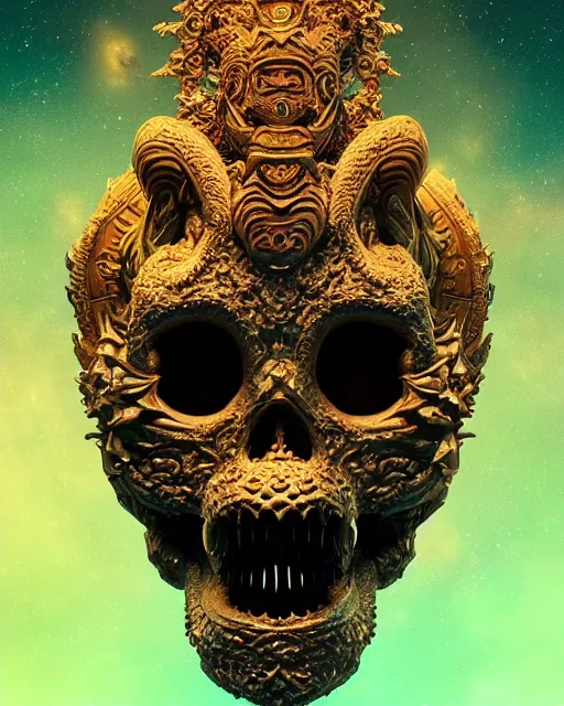 Image similar to 3 d ornate carved dark cosmic spirit with profile portrait, sigma 5 0 0 mm f / 5. beautiful intricate highly detailed quetzalcoatl skull. bioluminescent, plasma, lava, ice, water, wind, creature, thunderstorm! artwork by tooth wu and wlop and beeple and greg rutkowski, 8 k trending on artstation