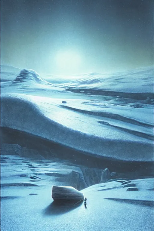 Image similar to emissary snowy landscape by tim bladin and arthur haas and bruce pennington and john schoenherr, cinematic matte painting, zaha hadid building, photo realism, dark moody color palate, blue hour stars, desolate glacial landscape,