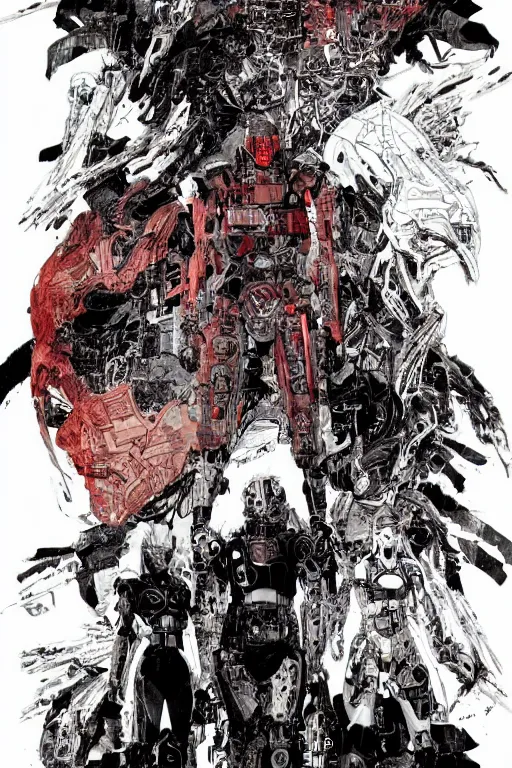 Image similar to cyborg bounty hunters at dawn, a color cover illustration by tsutomu nihei, tetsuo hara and katsuhiro otomo