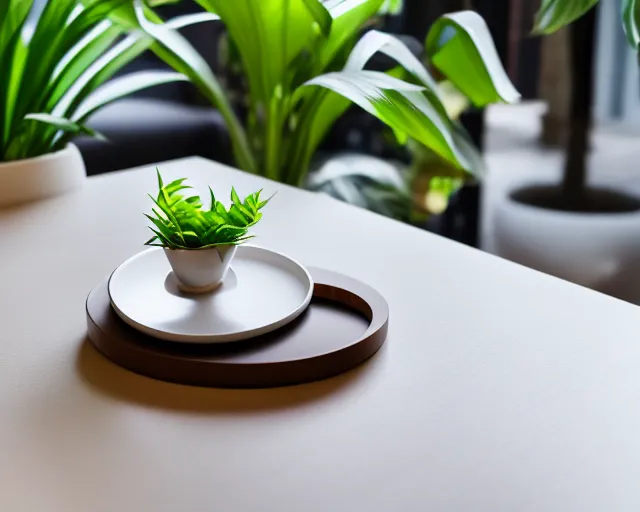 Prompt: 5 5 mm photo of round circular cocktail on a zen minimalist table with elegant houseplants in the background. highly detailed 8 k. intricate. lifelike. soft light. nikon d 8 5 0.