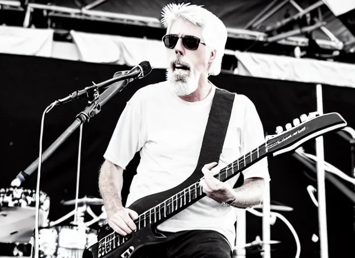 Image similar to photo still of michael mcdonald on stage at vans warped tour!!!!!!!! at age 3 8 years old 3 8 years of age!!!!!!! throwing a keytar into the crowd, 8 k, 8 5 mm f 1. 8, studio lighting, rim light, right side key light