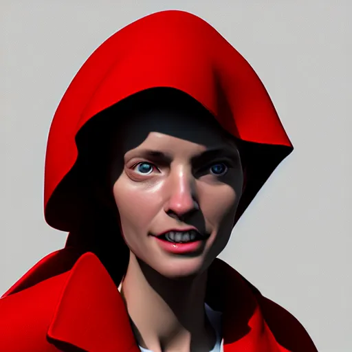 Image similar to a close up of a person wearing a red coat, a character portrait by jerry eisenberg, cgsociety, photorealism, # vfxfriday, physically based rendering, strange