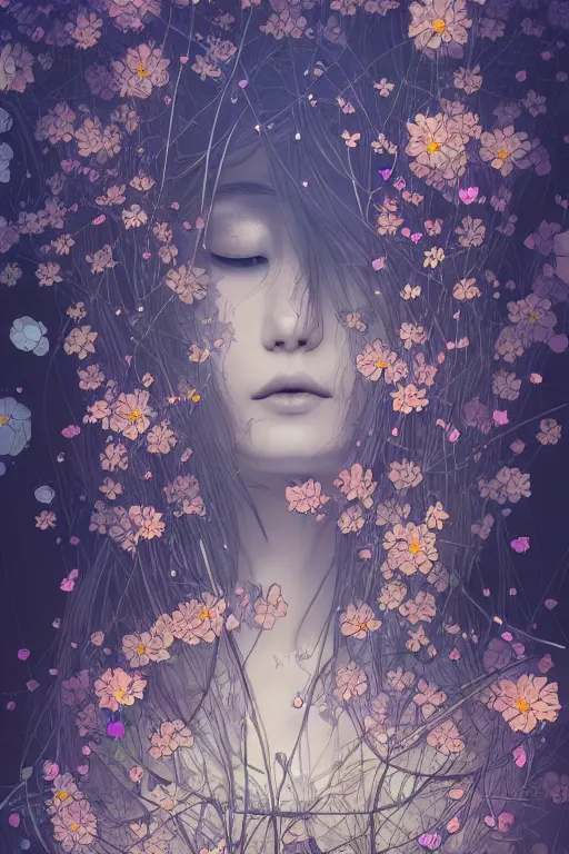 Prompt: night sky full of flowers, cyberpunk art, floating detailes, leaves by miyazaki, kenneth blom, mental alchemy, pablo amaringo, naudline pierre, contemporary art, hyper detailed, photorealistic,