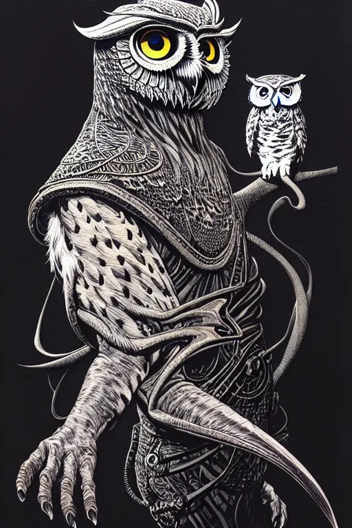 Image similar to side view of a majestic wizard holding a highly detailed owl on glove, high details, bold line art, by vincent di fate and joe fenton, inking, etching, screen print, masterpiece, trending on artstation, sharp, high contrast, hyper - detailed,, hd, 4 k, 8 k