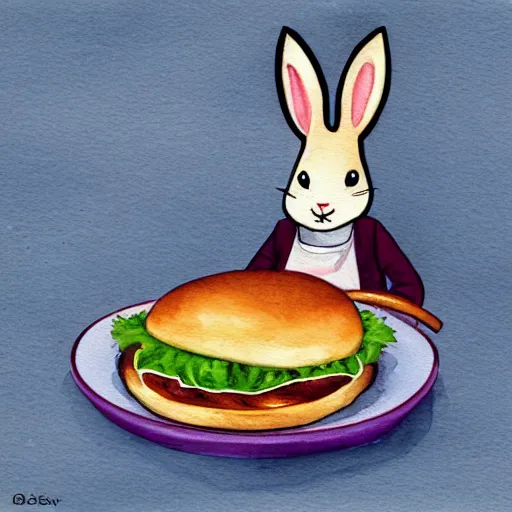 Prompt: a rabbit cooking a cheeseburger inside a small cozy kitchen, watercolour